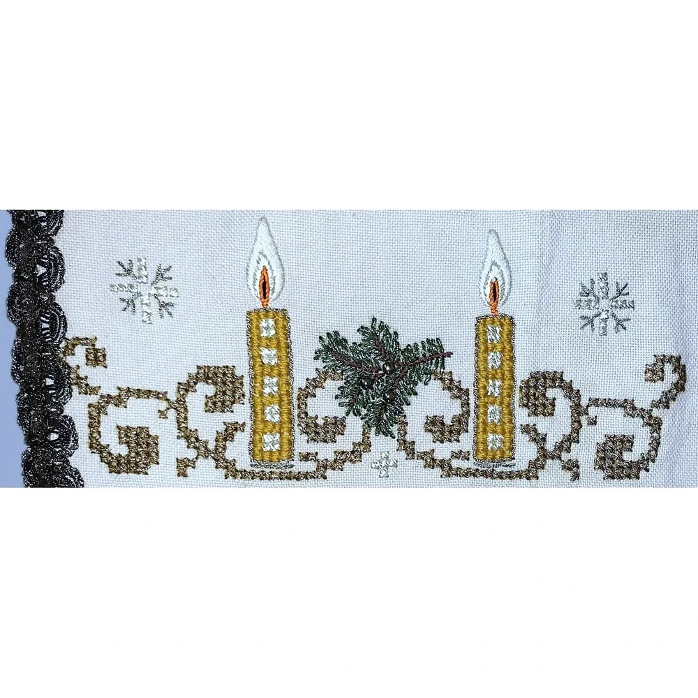 Holiday Xmas Candles Snowflakes Needlework Wool Runner Vtg / Antique 18x42